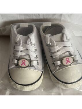 Baby Baby, White Baby Shoes with Pink Ribbon Accent